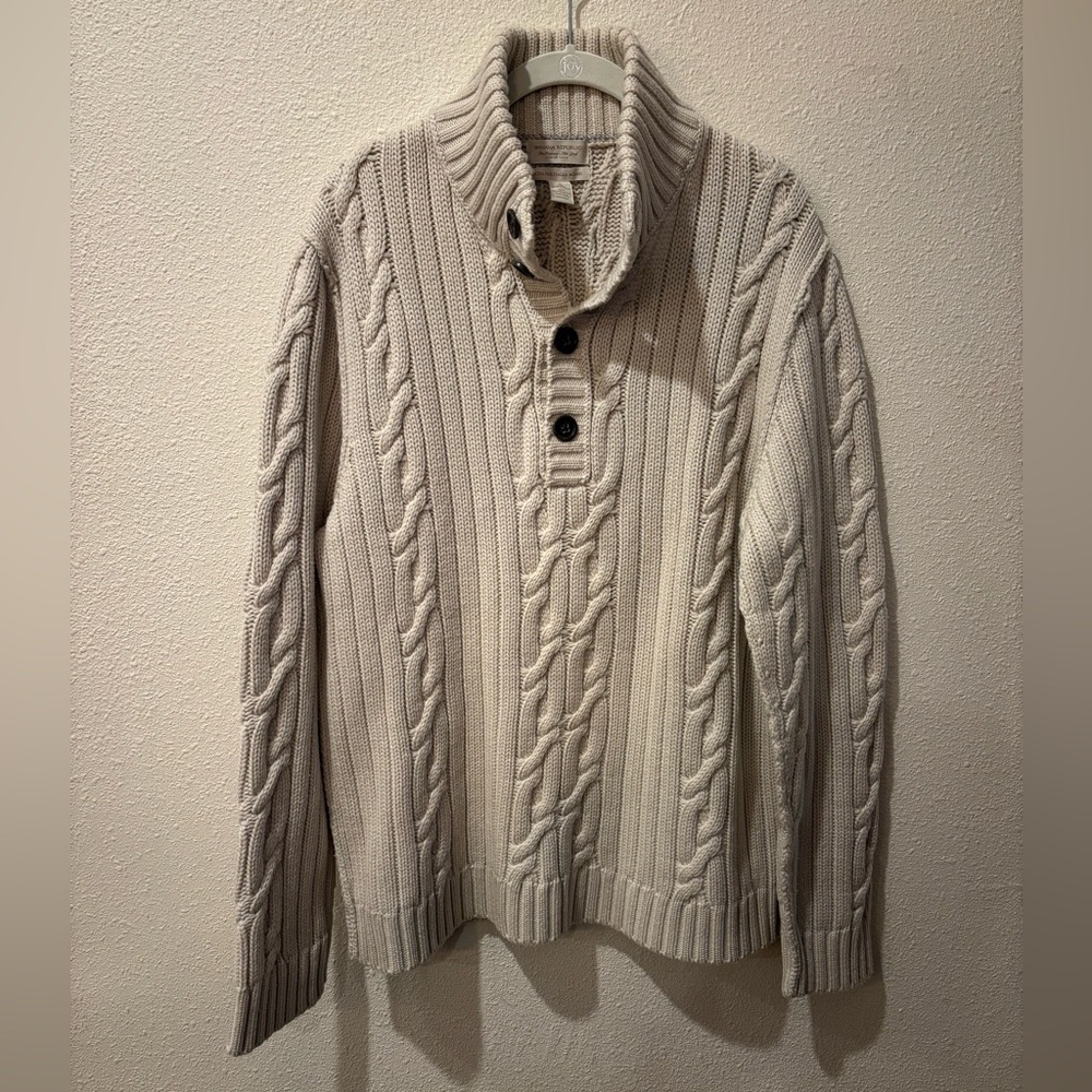 Vintage Banana Republic Men’s Merino Wool Button Mock Neck Cable Sweater XL 2007
